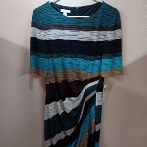 London Times Teal, Black, White & Tan Striped Midi Dress Size 14